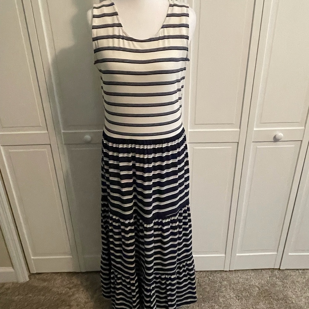 Lands' End Navy and Cream Sleeveless Maxi Sundress